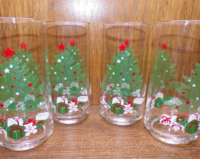 2507 Crisa Holiday Christmas Tree 16 oz Vintage Glass Tumblers Set of 4 - Excellent Condition