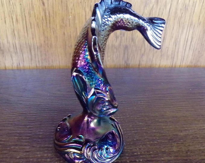 2501 Fenton Glass 5.5" Iridescent Amethyst Carnival Glass Jumping Trout - Fenton Stamp - Great Condition