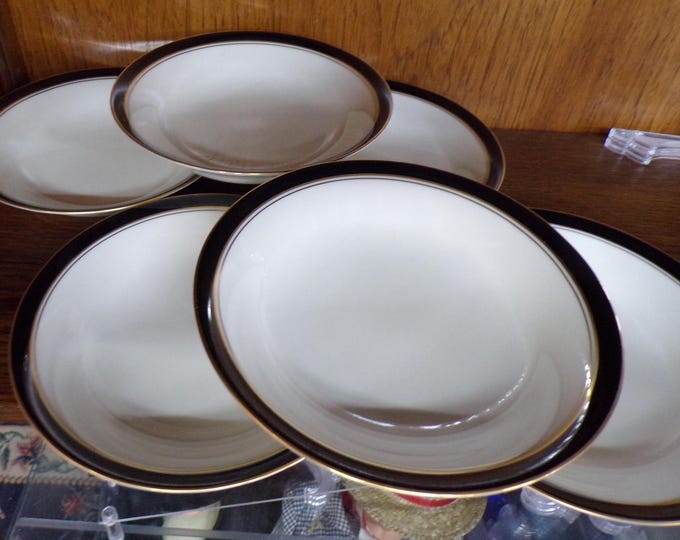 2505 Noritake Ivory China - Ivory & Ebony #7274 7.75" Vintage Bowl Set of 6 Black Rim Gold Trim - Great Condition