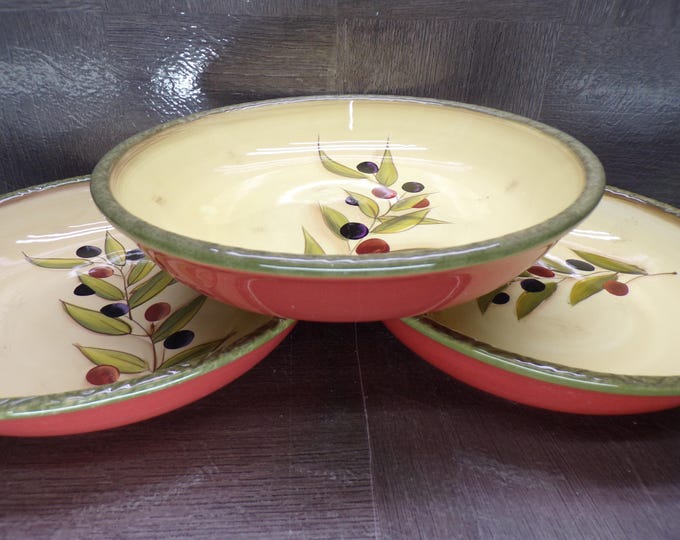 2602 Clay Art Antique Olive Hand-painted 9.5" Pasta Bowl Set of 3 - Good Condition