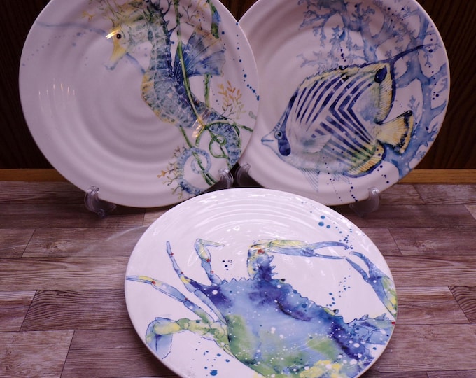 2509 Pier 1 Imports Sealife 8.75" Ironstone Salad / Snack Plates Set of 3 Dishwasher & Microwave Safe - Good Condition