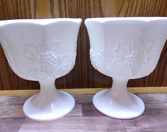 2508 Indiana Glass / Colony Milk Glass Pair of Opaque White Paneled Grape 6.5" Compote Footed Candy Dish