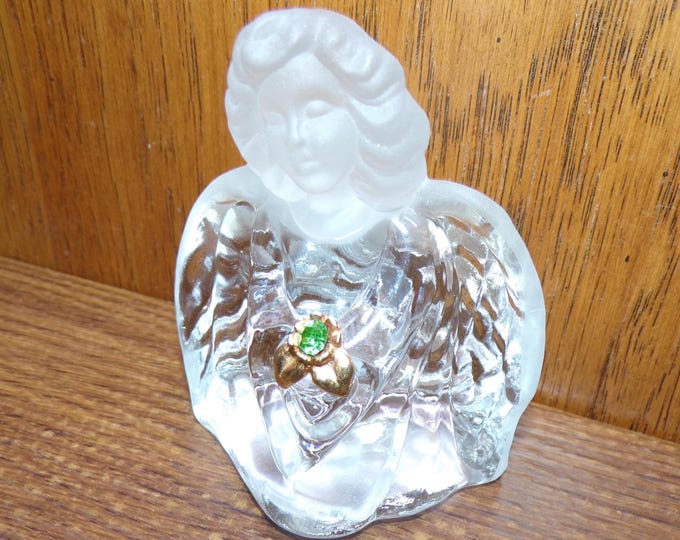 2506 Fenton Glass Clear / Frosted Kneeling Guardian Angel Birthday Bust May - Green Stone - Great Condition