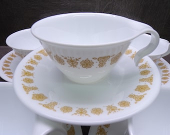 2609 Corelle Butterfly Gold 8 pc Set (4) Hook Handle Tea / Coffee Cups & (4) 6.25" Saucers