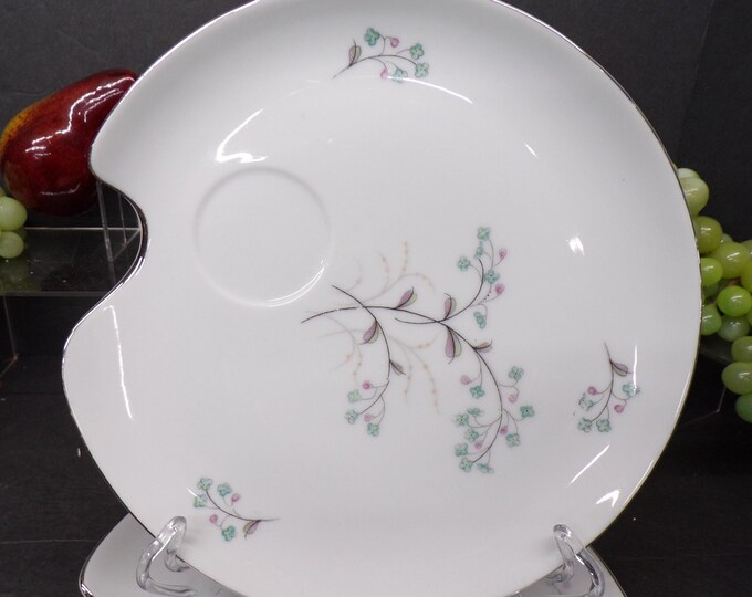 2309 Vintage Set of 3 Unbranded 8.5" Snack Plate w/ Pink & Teal Floral Pattern- Platinum Rim - Good Condition No Chips or Cracks