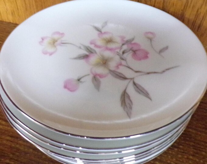 2505 Sango China Dogwood Vintage 6" Bread / Dessert Plates Set of 8 Pink, Grey, White Floral - Great Condition