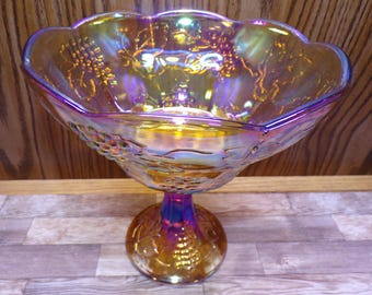 2508 Indiana Glass Iridescent Amber Carnival Glass Vintage Grape & Cable Footed Compote / Fruit Bowl - 9"T x 8.5"W - Good Condition