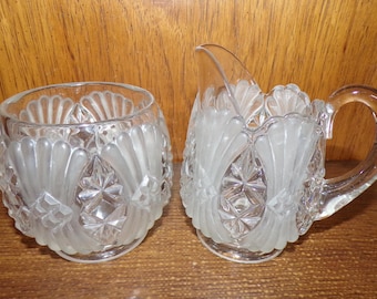 2507 Heavy Crystal Ribbed Clear and Frosted Satin Vintage 4.5" Cream and Sugar Set - Pre-owned Good Condition