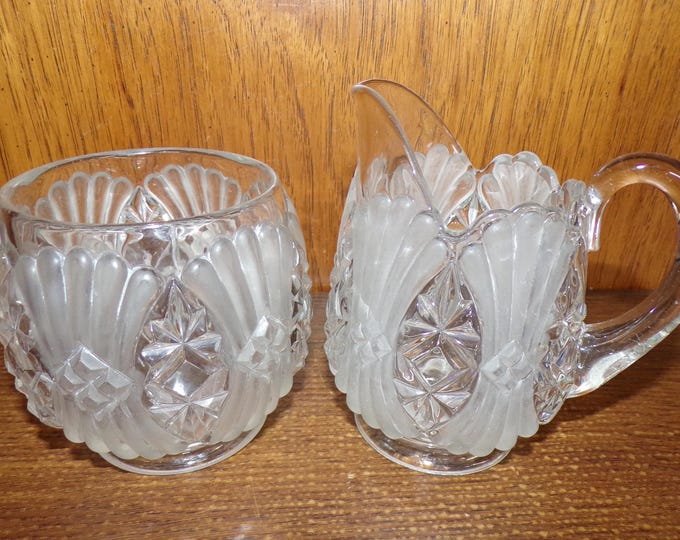 2507 Heavy Crystal Ribbed Clear and Frosted Satin Vintage 4.5" Cream and Sugar Set - Pre-owned Good Condition