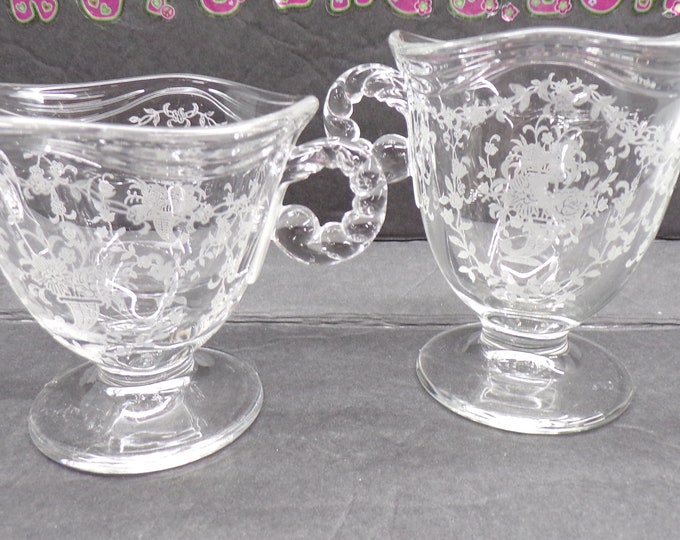 2212 Fostoria Glass Clear Baroque Etched Meadow Rose 4" Vintage Cream Pitcher & Open Sugar Dish - Good Condition No Chips or Cracks