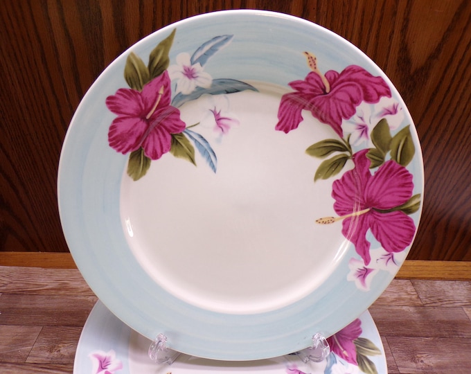 2502 Brylanehome Beautiful Pink Hibiscus with Light Blue Rim 10.5" Stoneware Dinner Plates Set of 4 - Great Condition