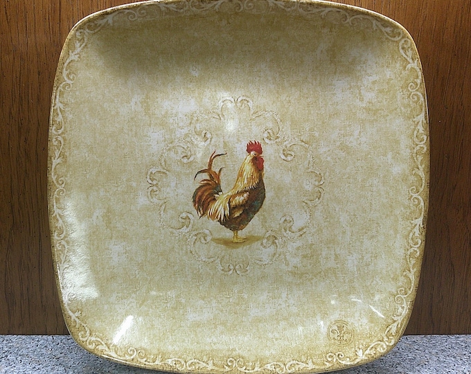 2408 222 Fifth Rustic Rooster Fine Porcelain 13" Square Raised Rim Platter - Excellent Condition