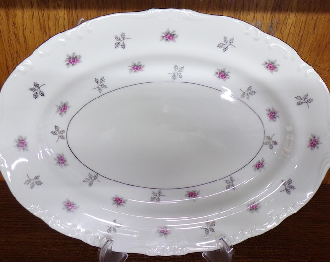2508 Rosette Fine China Vintage Platinum Accent Pink Roses 12" Oval Platter Made in Japan Scalloped Platinum Rim - Great Condition