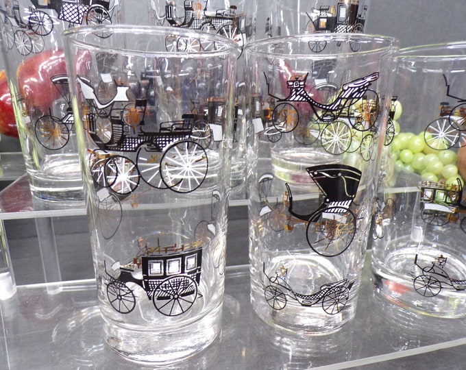 2310 Libbey Horseless Carriage Glassware Early Style Automobile 5.5" Tumblers Vintage Set of 6 Thick Base - Great Condition