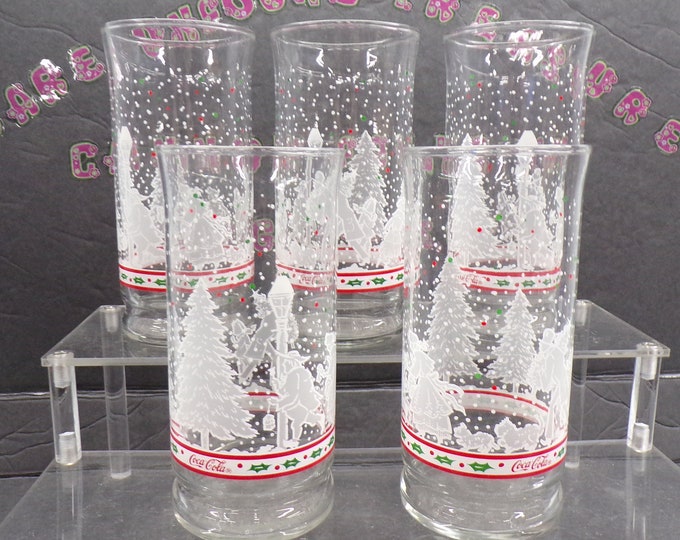 2212 Coca-Cola Coke Christmas Holiday Dickens Snow Scene 6" Vintage Libbey Tumblers Set of 5 - Good Condition No Chips or Cracks