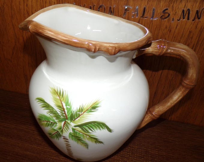 2505 Home Tropical 9" Ceramic Water Pitcher Palm Tree w/ Brown Rim and Handle - Great Condition