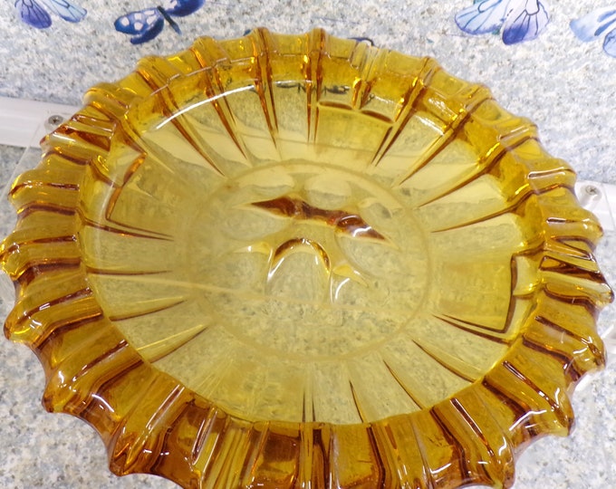 2210 Amber Blenko Starburst Ashtray Vintage 10" Heavy Thick Glass - Good Condition Wear on the Bottom
