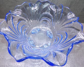 2609 Cambridge Glass Caprice Moonlight Blue 4 Toed 9.25" Swirled Optic Drapery Console Bowl
