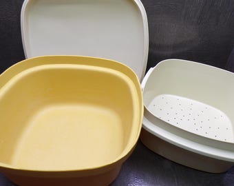 2609 Tupperware Vintage Square Container Steamer Set Harvest Gold Yellow w/ Almond Strainer, & Lid