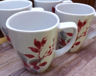 2511 Corelle Coordinates Kyoto Leaves Red & Gray Vintage 4.25" 12 oz Porcelain Square Rim Coffee Mug Set of 4 - Great Condition