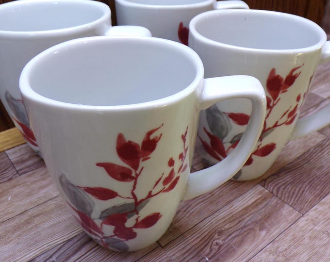 2511 Corelle Coordinates Kyoto Leaves Red & Gray Vintage 4.25" 12 oz Porcelain Square Rim Coffee Mug Set of 4 - Great Condition