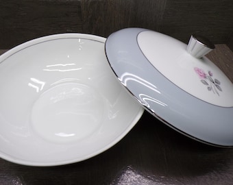2602 Deville Fine China Rose Deville 9" Covered Vegetable Serving Bowl Gray & White w/ Pink Rose - Great Condition