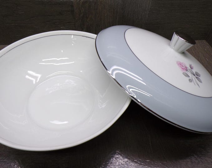 2602 Deville Fine China Rose Deville 9" Covered Vegetable Serving Bowl Gray & White w/ Pink Rose - Great Condition