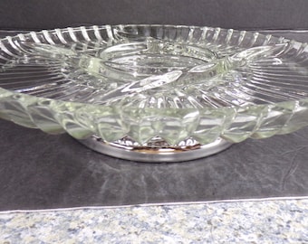 2301 Kromex Vintage 12" Divided Dish Crystal Platter with Chrome Base