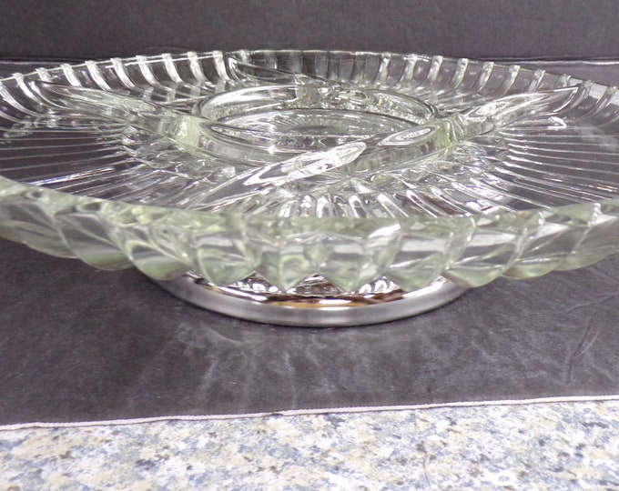 2301 Kromex 12" Divided Dish Crystal Platter with Chrome Base Vintage - Good Condition No Chips or Cracks