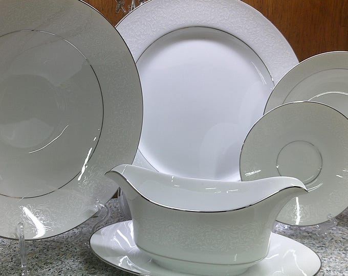 2407 Grace Concerto Vintage Fine China- White Floral Lace Dinnerware w/ Platinum Rim- Great Condition Choose From List: