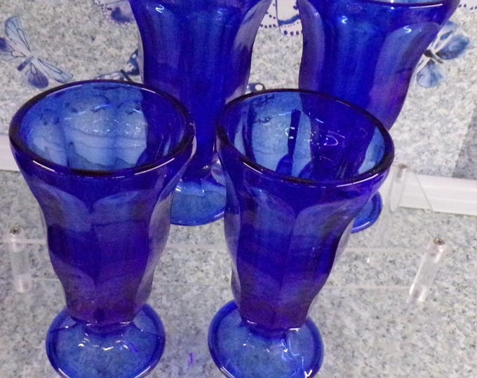 2210 Anchor Hocking 7" Cobalt Blue Glass Vintage Footed Tulip Malt / Sundae Cups Set of 4 - Great Condition