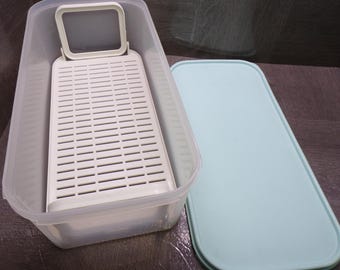 2605 Tupperware Produce Manager Modular Mates Shutter Box Clear Frosted w/ Adjustable Divider (No Inserts) & Mint Green Lid