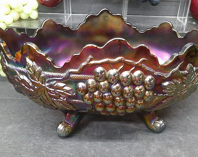 2404 Northwood Amethyst Carnival Glass Vintage Grape & Cable Oblong Footed Fruit Bowl 12" x 7" x 6" Tall- Crack in Rim- Still Beautiful