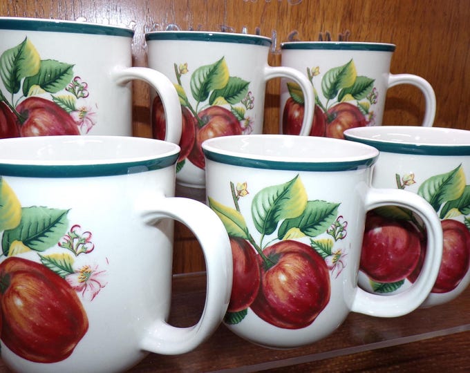 2506 China Pearl Casuals Apple Pattern 10 oz Stoneware Mugs Set of 6 w/ Green Rim - Great Condition