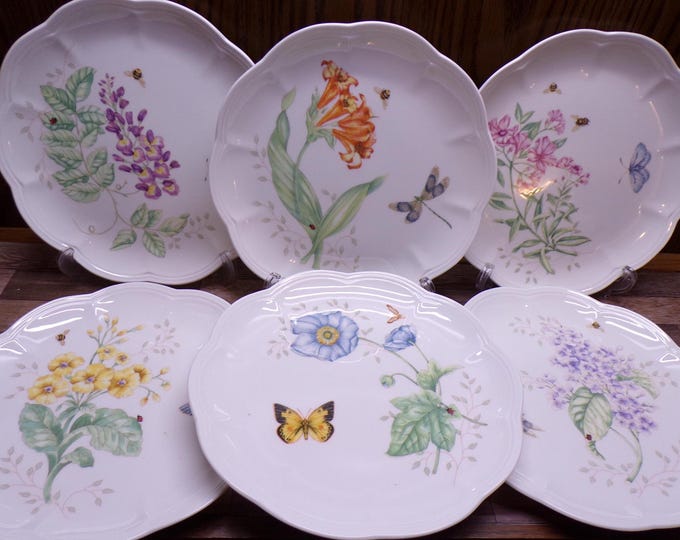 2511 Lenox Butterfly Meadow by Louise Le Luyre Ultra Fine Porcelain Dinnerware 9" Plate Set of 6 Designs - Great Condition Very Beautiful