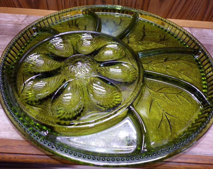 2509 Indiana Tiara Tree of Life Vintage Green Glass Deviled Egg Relish Tray 13" Heavy Glass - Great Condition