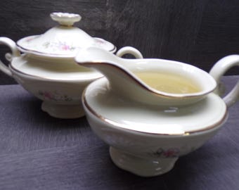 2605 Homer Laughlin G48N8 Virginia Rose Bouquet 1940's Vintage 3 pc Set 4" Cream & Sugar w/ Lid Set