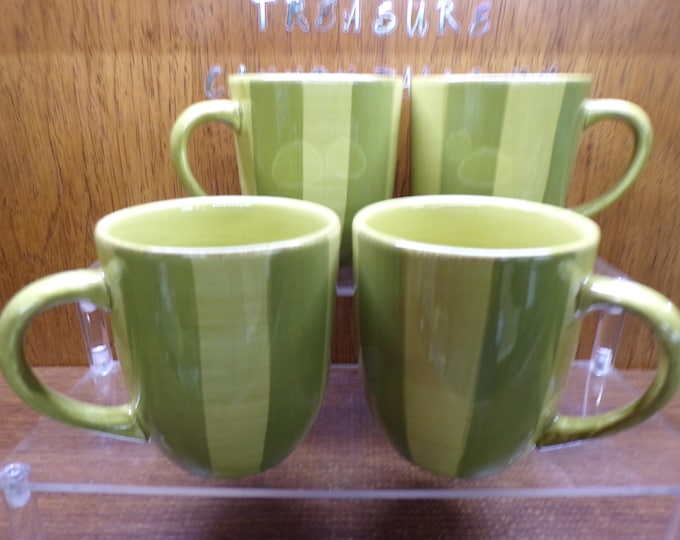 2505 Bella Ceramica Pastis Green Stripe 14 oz 4" Vintage Coffee Mugs Set of 4 - Great Condition