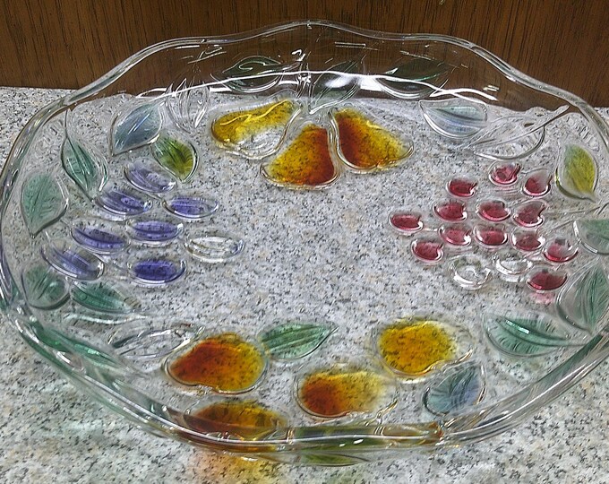 2410 Mikasa Garden Harvest Bowl/Tray/Platter Embossed Colored Fruit Design 12.5" Raised Edge - Great Condition Light Scratch Hard to see