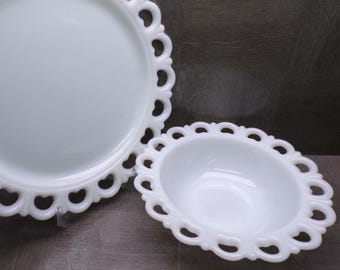 2609 Vintage Anchor Hocking Laced Edge Old Colony 13" Tort Plate Round Platter & 9.5" Bowl Set