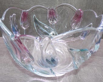 2609 Mikasa Walther Glas Pink & Blue Tivoli Crystal Tulips 8” Vintage Round Bowl