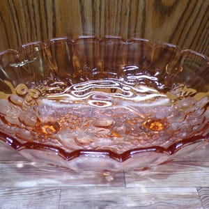 2508 Indiana Glass Footed Peach / Pink Paneled Glass Embossed Oval Fruit Bowl Vintage 8" x 12" with Original Box- Great Condition