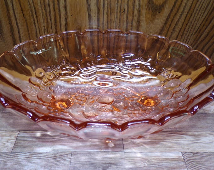 2508 Indiana Glass Footed Peach / Pink Paneled Glass Embossed Oval Fruit Bowl Vintage 8" x 12" with Original Box- Great Condition