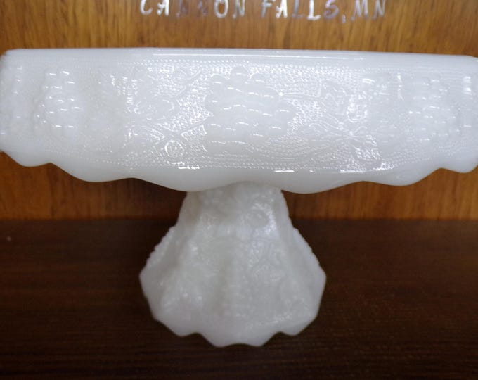 2506 Anchor Harvest Grape & Cable Milk Glass 10.5" Vintage 1970's 7" Tall Footed Cake Plate / Platter w/ Raised Scalloped Edge - Great Cond.