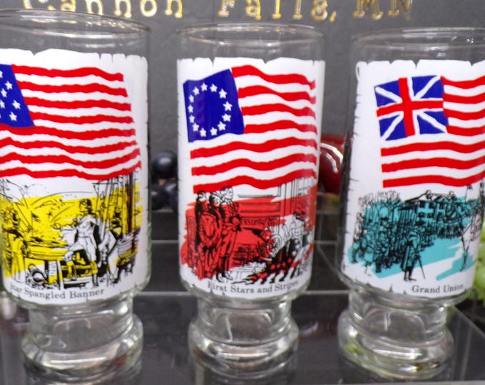 2305 Anchor Hocking Early Flags Of Our Nation Vintage Series One 14 Oz Glasses 6.5" Set of 3 - Good Condition No Chips or Cracks