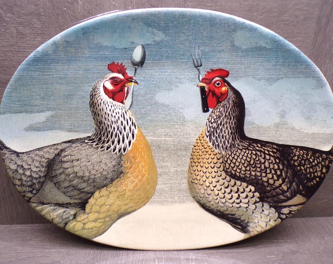 2602 John Derian Company 15.5"x11.5" Oval Stoneware Hungry Chickens Serving Tray Platter - Great Condition