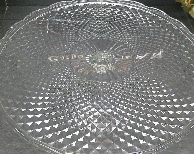 2401 Diamond Optic Swirl Glass 12" Vintage Raised Cake Platter 4" Tall Scalloped Rim - Good Condition No Chips or Cracks