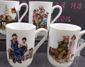 2301 Norman Rockwell Museum 4" Vintage Porcelain Gold Rim Coffee Mugs Set of 4