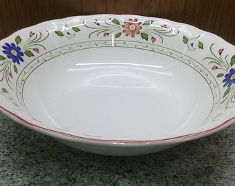 2408 Nikko Fine China Provincial Designs Pink & Blue Floral 9" Large Vintage Serving Bowl w/ Pink Rim Made in Japan - Great Condition