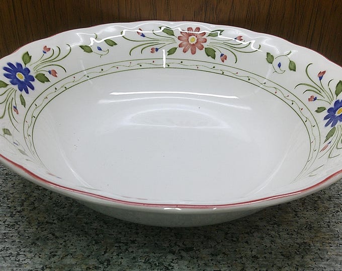 2408 Nikko Fine China Provincial Designs Pink & Blue Floral 9" Large Vintage Serving Bowl w/ Pink Rim Made in Japan - Great Condition